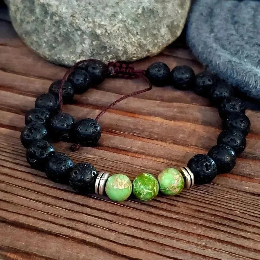 Chakra Bracelet Green Aqua Terra Jasper Black Lava Stones